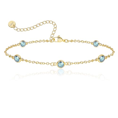 Birthstone Bracelet for Women 14K Gold Plated Dainty Link Bracelet Trendy Non Tarnish Trendy Chain Bracelets Birthday Valentines Gifts Jewelry for Women Mom Daughter Wife Sister Friend - color: 03.March
