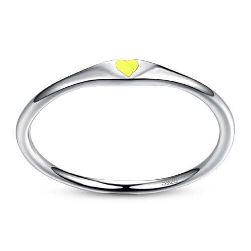 925 Sterling Silver Heart Ring for Women, 1mm Ultra Thin 14K Plated Gold Hypoallergenic Wedding Band with Black/Yellow/Red/Blue/Pink Love, Promise Stack Travel Jewelry Gifts Size 5-10 - color: E-Silver-Yellow