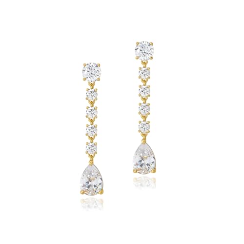 Teardrop Cubic Zirconia Dangle Earrings for Women 925 Silver Post Gold Plated Bridal Jewelry for Wedding Bride Bridesmaid Prom Pageant - color: Gold