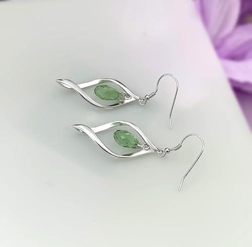 Rhodium Plate 925 Sterling Silver Hook Twist Leaf Holiday Hypoallergenic Dangle Earrings for Women Gifts Engagement Wedding with Austrian Daiamond Cut Waterdrop Crystal Hight Polished Long :1.9 IN - color: Green (leaf style)