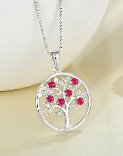 Tree of Life Necklace for Women - Solid 925 Sterling Silver 18K White Gold Plated Birthstone Pendant Jewelry - color: 07-Jul_Ruby