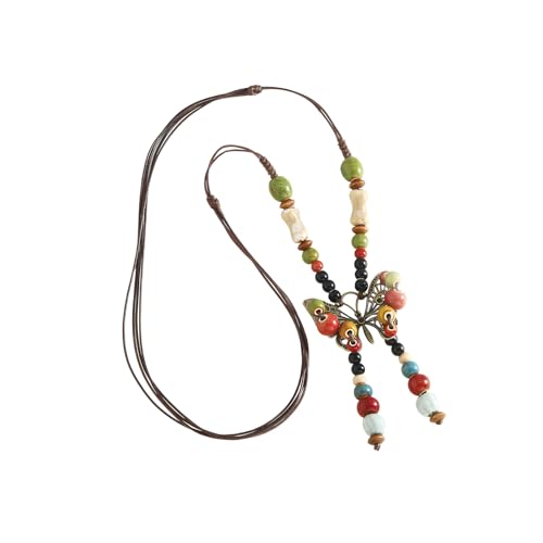 Boho Necklace for Women,Vintage Butterfly Pendant Necklaces,Adjustable Wooden Beads Layered Braided Choker,Fashion Tribal Style Leather Rope Necklace Jewelry,Chunky Statement Gift for Women - color: Colorful3