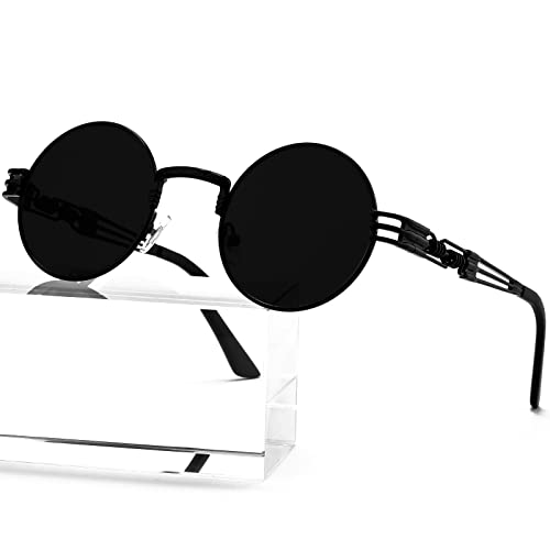 AIEYEZO Round Steampunk Sunglasses for Men Women Retro Circle Hippie Glasses Metal Frame 100% UV Blocking Lens - color: Black/Grey