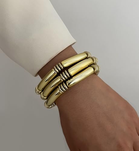 iF YOU 6pcs Chunky Acrylic Bangle Bracelets for Women, Resin Bamboo Brown Stretchy Bracelet Stack, Fashion Jewelry for Women - color: 6 Gold thin acrylic bracelets