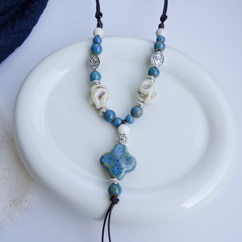 Boho Style Colorful Ceramic Bead Strand Necklace Adjustable Bohemian Jewelry Gift for Women, Fashion Clothing Matching Necklace - color: Speckled Teal