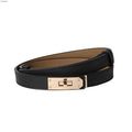 Ovekaut Women Skinny Leather Belt Solid Color Alloy Turn Lock Adjustable Waistband for Dresses Jeans Coats - color: Black