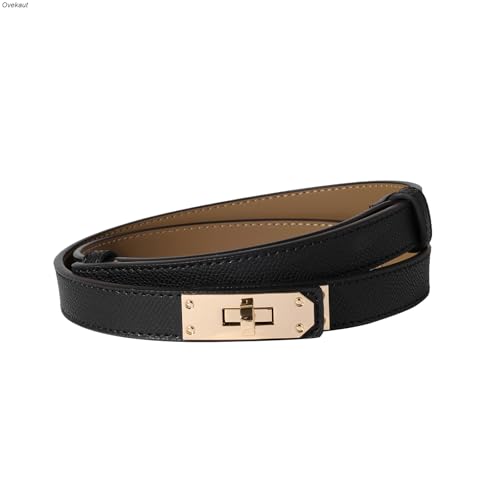 Ovekaut Women Skinny Leather Belt Solid Color Alloy Turn Lock Adjustable Waistband for Dresses Jeans Coats - color: Black