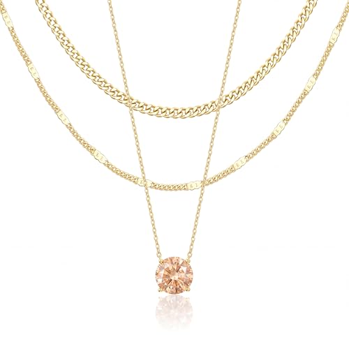 WomenGifts Layered Gold Necklaces for Women, 14K Gold Sterling Silver Plated Dainty Pendant Necklace Set Non Tarnish, Chunky Stackable Cuban Chain Choker, Trendy Birthstone Vacation Jewelry Gift - color: Gold, style: Cubic Zirconia-Created Citrine-Nov