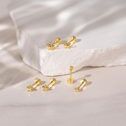 VRIUA 20G Tiny Flat Back Earrings for Women - 14K Gold/Silver Plated Small Flat Back Stud Earrings Hypoallergenic Cartilage Helix Piercing Jewelry - color: 4/5/6mm-Star Flat Gold