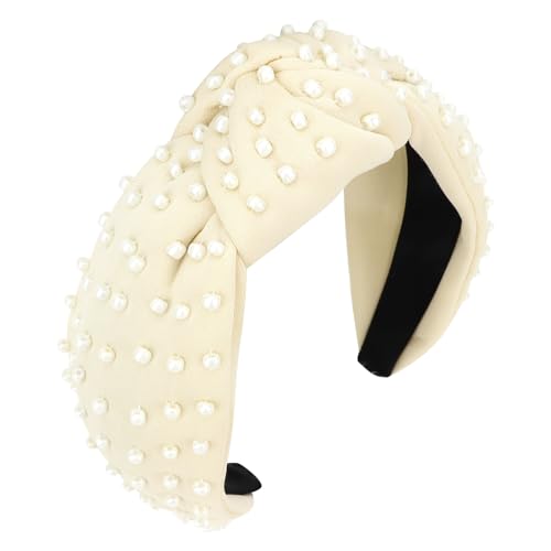 YISSION 1PC Pearl Knotted Headband for Women Non Slip Beaded Headband Wide Pearl Headbands Jeweled Embellished Hairband Off-white Head Band Hair Accessories for Women Girls - color: Off-white
