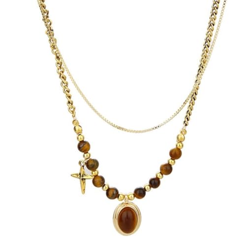 Tiger Eye Necklace for Women Vintage Gold Tiger Eye Brown Stone Pendant Layered Stack Beaded Necklace Elegant Vintage Boho Jewelry - style: SetA