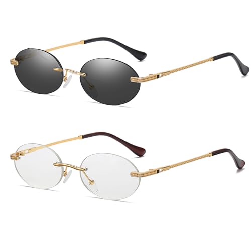 Retro Oval Sunglasses Rimless Small Round Glasses Frameless UV400 Men Women Fashion Shades - color: 2pack (Black + Clear)