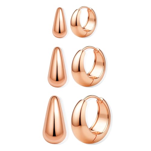 BESTEEL 3Pairs 14K Gold Plated Hoop Earrings Set for Women Chunky Earring Silver Plated Hypoallergenic Small Huggie Hoops Lightweight Tiny Thick Trendy Hoop Earrings Stacks for Multiple Piercing - color: rose gold plated