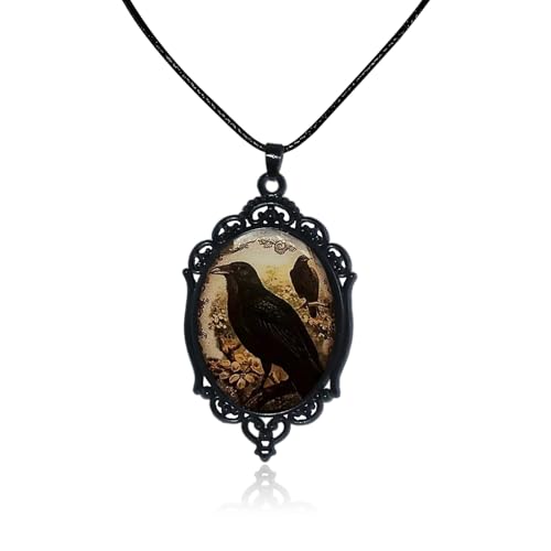 Halloween Gothic Witch Necklaces Cross Glass Pendant Necklace for Women Punk Vintage Black Dark Oval Cameo Necklace Witch Emo Necklaces Halloween Jewelry Witch Accessories 2025 - style: Crow