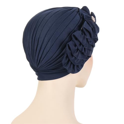 Flower Turban Hats for Women - Ruffle Bead Stretch Solid Caps Chemo Cancer Pre Tied Headscarf Headwear - color: Navy