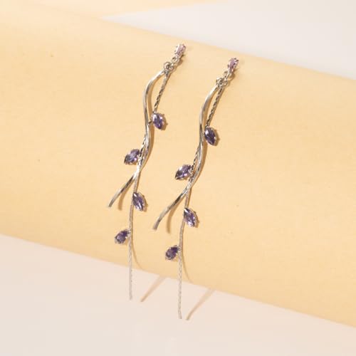 Temperament Long Zircon Tassel Earrings for Women Charm Jewelry Sparkling Crystal Leaves Twist Dangle Earrings for Friends - color: Silver-Purple Leaves