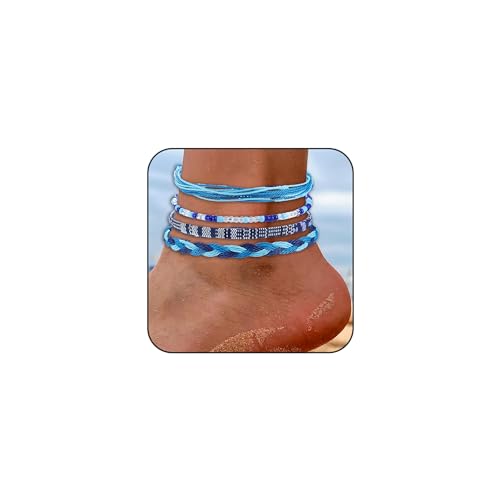 Beach Summer Ankle Bracelet for Women Handmade Braided Adjustable String Anklets Waterproof Surfer Bracelet - color: blue