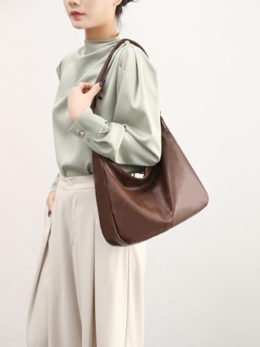 Hobo Bags for Women Foldable Vegan Leather Shoulder Handbag Slouchy Tote Crossbody Purses - color: Dark Brown