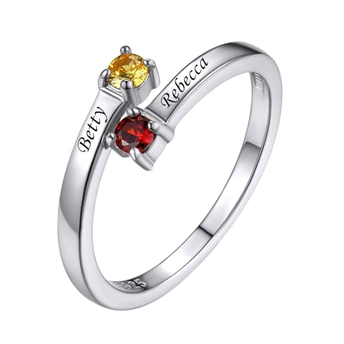 Custom4U Personalized 1-4 Birthstone Rings for Women Promise Rings for Her Sterling Silver Mothers Ring Customized Cubic Zirconia Stones Wedding/Valentine's Day/Mother's Day Jewelry Gift for Mom Wife - color: B-2 Names-Silver