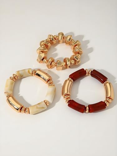 Gold Bracelet Stack For Women, 3Pcs Jade Vintage Chunky Stackable Stretch Boho Western Adjustable Bracelet Stacks Statement Dainty Tarnish Free Waterproof Jewelry Gift - color: 3PCS