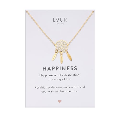 LUUK LIFESTYLE Minimalist necklace with rainbow pendant, HAPPINESS slogan card, symbol of diversity, waterproof stainless steel, gift for women, trendy, chic, silver - color: Gold, size: Dreamcatcher