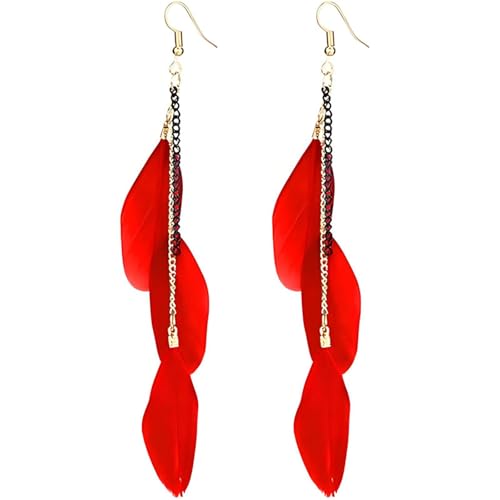 coadipress Boho Piercing Tassel Feather Long Chain Earrings Retro Lightweight Native Feather Dangle Drop Earrings for Women Bohemian Handmade Natural Feathers Earring Jewelry - color: Red
