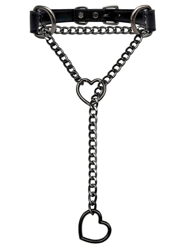 Black Leather Choker Collar For Women, Handmade Heart Slip Chain Choker Long Necklace with Adjustable Buckle - color: B-Black-Black-Black, size: 18''chain