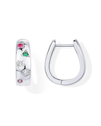 PAVOI 14K Gold Plated 925 Sterling Silver Posts Chunky Huggie Earrings for Women | Multi-Colored Cubic Zirconia Statement Hoop Earrings - color: White Gold