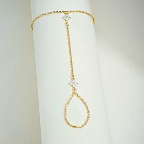 Gold Bracelets for Women Trendy, Dainty Gold Hand Chain Bracelets Stackable 14k Gold Plated Finger Ring Bracelet Hand Chain Cz Flower Layered Link Bracelets for Women Non Tarnish Jewelry Gifts - style: cz flower hand chain bracelet-gold