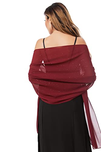 Shawls and Wraps for Evening Dresses Sheer Chiffon Women Elegant Soft Silky Sparkly Wedding Bridal Scarf - color: Burgundy B