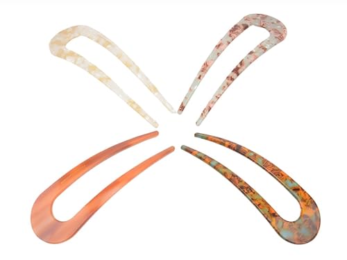 French Twist Hair Fork, 4 Pcs, 5 Inch, U Shape Updo Hair Pins | Classic Cellulose Acetate, 2 Prong Bun Hair