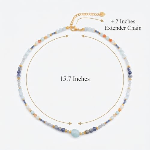 Harlermoon Beaded Necklace for Women, 18K Gold Plated Stainless Steel Natural Stone Crystal Boho Choker, Waterproof Hypoallergenic Jewelry Gift