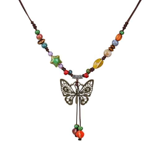 Boho Necklace for Women,Vintage Butterfly Pendant Necklaces,Adjustable Wooden Beads Layered Braided Choker,Fashion Tribal Style Leather Rope Necklace Jewelry,Chunky Statement Gift for Women - color: Colorful6