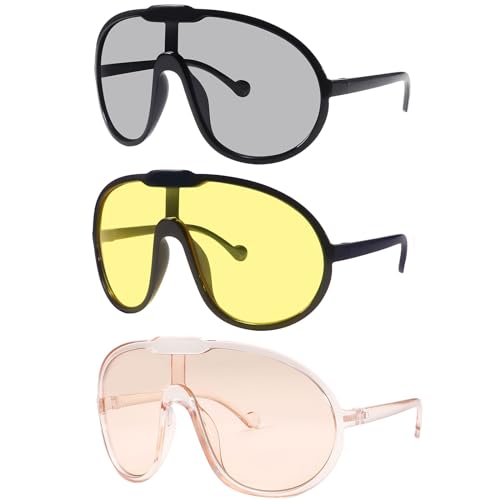 Dollger Oversized One Piece Sunglasses For Women Fashion Men Wrap Around UV400 Shield Goggles - color: 3 Packs: Champagne+yellow+grey