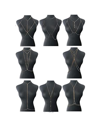 Tornito 4-8Pcs Sexy Body Chain Belly Waist Chain Necklace Summer Beach Bikini Bra Body Jewelry for Women Gold Tone - style: E:8Pcs, Gold Tone