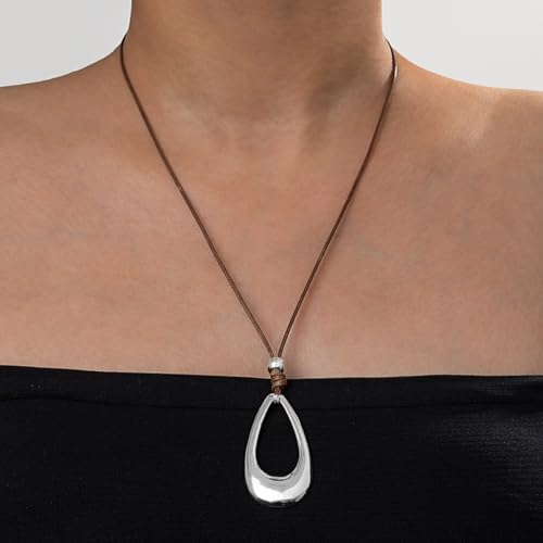 Open Teardrop Hollow Pendant Long Cord Necklace For Women Statement Minimalist Boho Chic Adjustable Two Colors Gold Color Silver Color - color: Silver