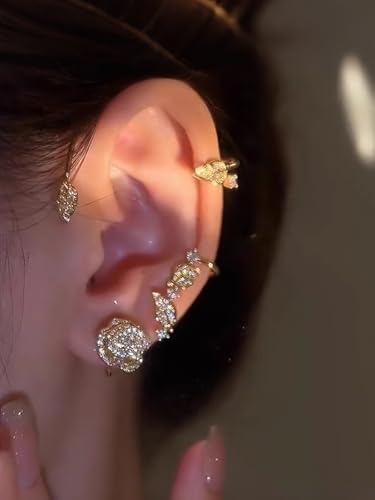 2PCS Ear Cuff Earrings for Women No Piercing Flower Climber Wrap Around Earrings Crawler Rhinestone Wrap Earring Fairy Ear Clip Jewelry Gifts - color: style2-gold