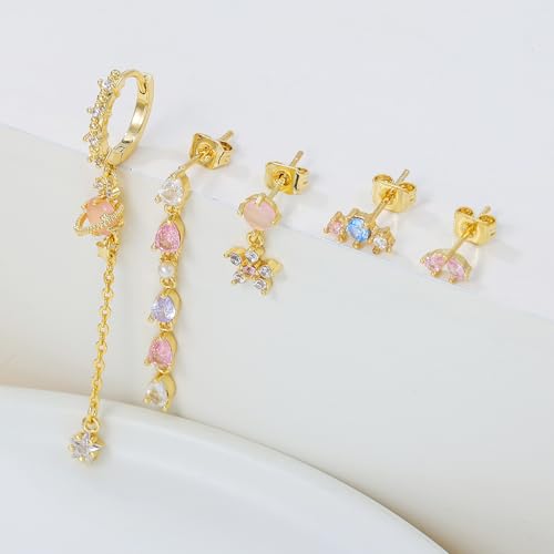 6pcs Gold Hoop Earring Stacks For Women Dainty Colorful Cubic Zirconia Huggie Earrings 18k Gold Hoop Earrings Cartilage Stud Earring Sets For Multiple Piercing - style: Fashion-D
