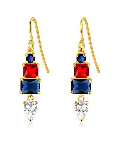 Colorful Cubic Zirconia Dangle Earrings for Women Multicolor Crystal Earrings Rainbow Cz Dangling for Birthstone Jewelry - color: Red and Blue