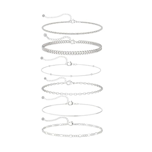 DEARMAY Sterling Silver Plated Bracelets Set for Women Waterproof, Non Tarnish Sterling Silver Link Chain Bracelets Pack Dainty, Fashion Jewelry Gifts for Everyday Comfortable - color: 6Pcs Silver Bracelets D