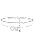 FindChic Silver/14K Gold Plated Layered CZ Initial Ankle Bracelet for Women | Waterproof Stainless Steel, Cubic Zirconia Letter Charm, Non-Tarnish, Hypoallergenic, Adjustable Extender, Summer Jewelry - color: Silver-CZ Heart, size: U