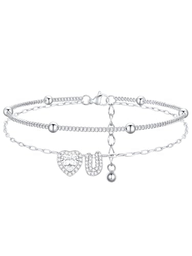 FindChic Silver/14K Gold Plated Layered CZ Initial Ankle Bracelet for Women | Waterproof Stainless Steel, Cubic Zirconia Letter Charm, Non-Tarnish, Hypoallergenic, Adjustable Extender, Summer Jewelry - color: Silver-CZ Heart, size: U