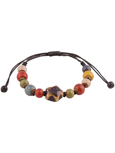 MINACHI Bohemian Colorful Ceramic Bead Adjustable Leather Bracelet, Boho Hippie Summer Jewelry Gift for Women - color: S06