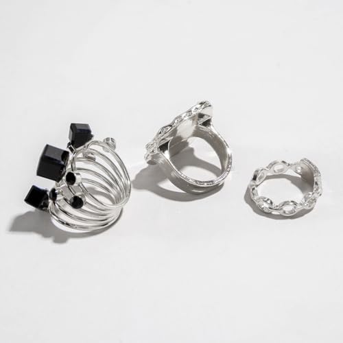 Chunky Black Crystal Statement Rings for Women Gold Large Enamel Round Finger Ring Vintage Cocktail Party Formal Prom Festival Birthday Jewelry - color: Silver
