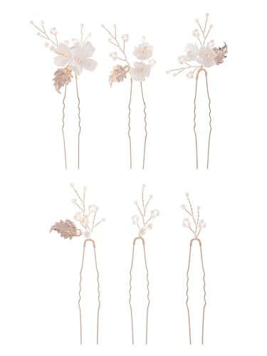 Handmade Pearl Bridal Wedding Hair Pins 6Pcs White Flower Gold Leaf Pearls Clips Bridal Hair Accessories for Women Brides Bridesmaid - color: Gold / Pearl White Flower