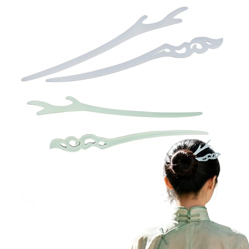 4Pcs Elegant Chinese Hair Sticks for Women, 2 Styles Green White Translucent Colors Hair Pins for Buns Updo Holder， Vintage Faux Jade Chopsticks Headpieces for Hanfu Cheongsam Daily Outfits
