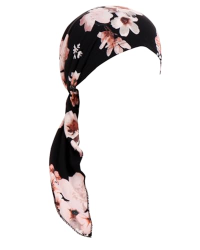 Chemo Headwear for Women Pre-Tied Head Scarf Headwraps Soft Turbans Cancer Hats Chemo Beanie Coverings Scarves - color: Black Pink Flower