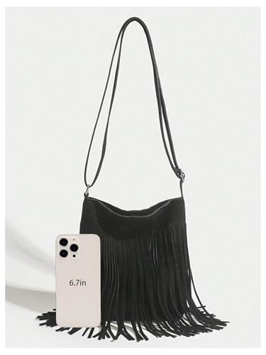 OYOANGLE Women's Fringe Bags Adjustable Strap Tassel Crossbody Bags Hippie Western Purse Cowgirl Shoulder Bag - color: Black