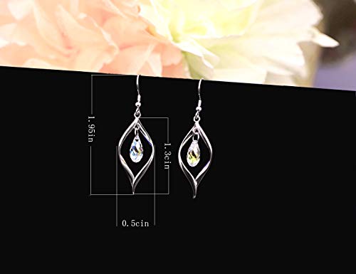 Rhodium Plate 925 Sterling Silver Hook Twist Leaf Holiday Hypoallergenic Dangle Earrings for Women Gifts Engagement Wedding with Austrian Daiamond Cut Waterdrop Crystal Hight Polished Long :1.9 IN - color: colorful