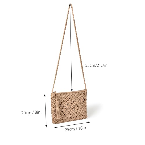 Eiyye Handmade Crochet Purse Boho Cotton Rope Crossbody Shoulder Bag with Tassel Casual Bag for Women - color: Light-brown
